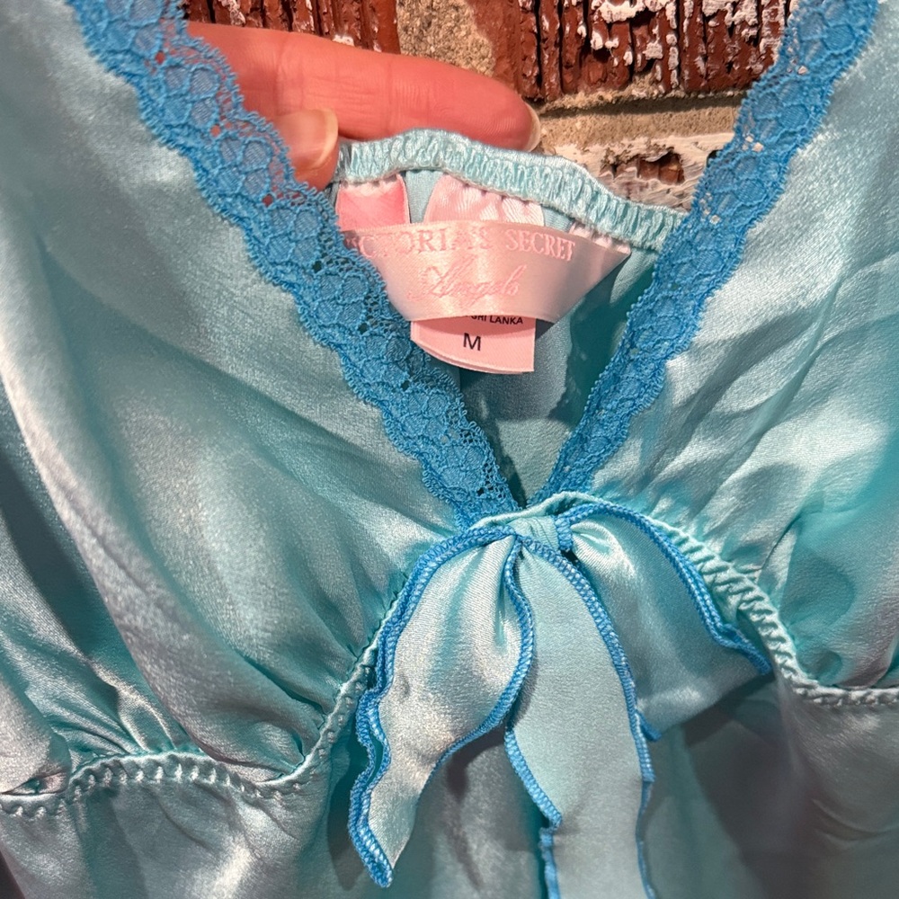 Victoria's Secret Vintage Angels Babydoll Turquoise Satin Ruffle Bow Slip Size M - Picture 3 of 6